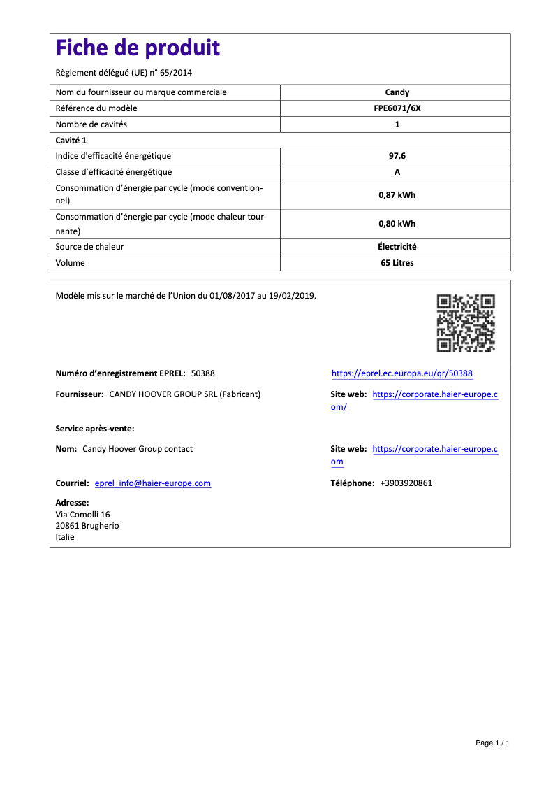 Page n°1 - Manuel utilisateur Candy FPE6071/6X