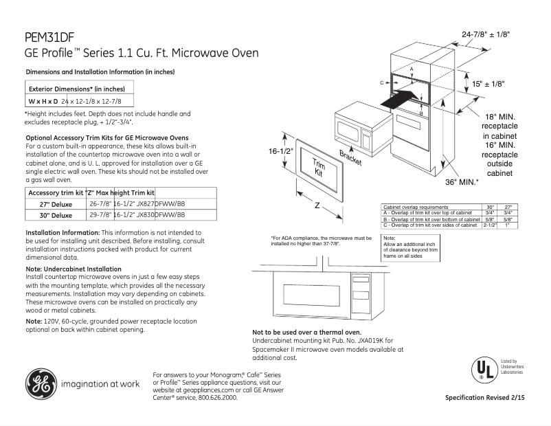 Page 1 de la notice Fiche technique GE Profile PEM31DFWW