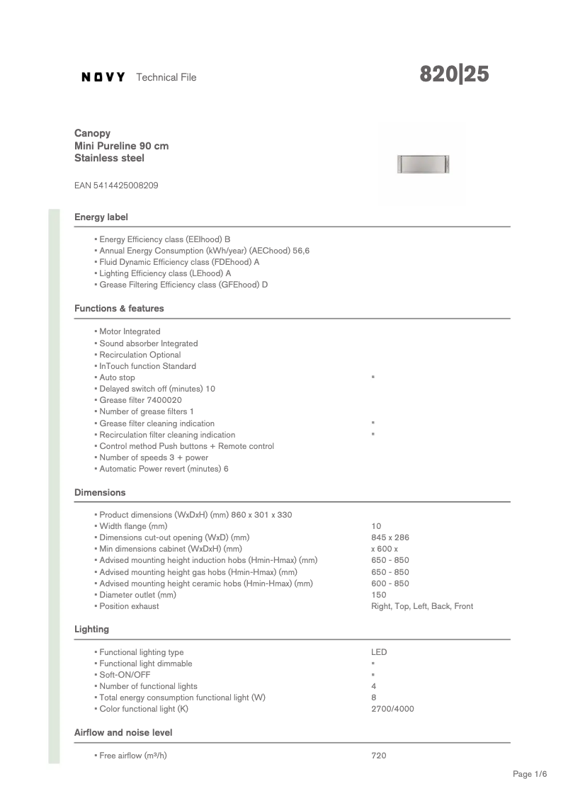 Page 1 de la notice Fiche technique Novy Pure'Line Mini 820