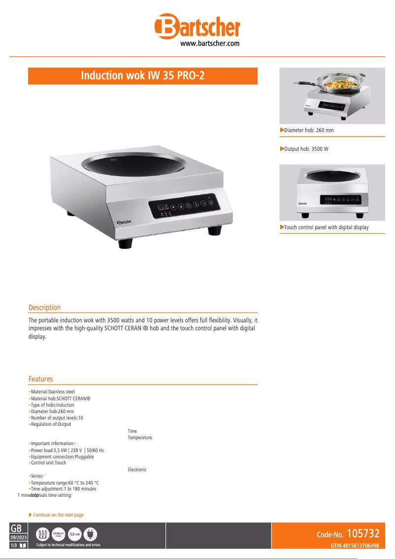 Page n°1 - Fiche technique Bartscher IW 35 PRO