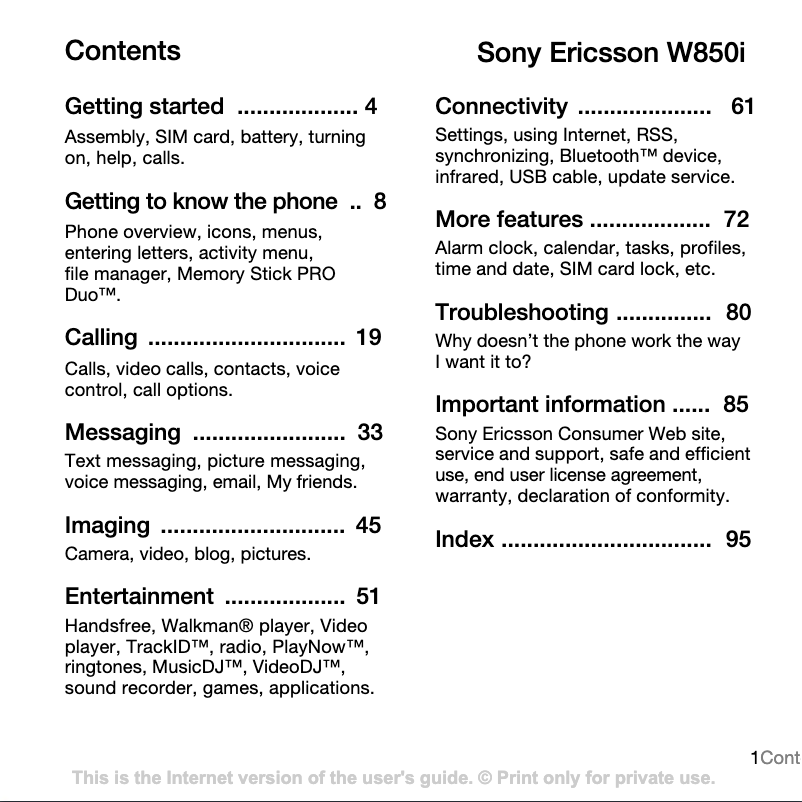 Image de la première page du manuel de l'appareil Ericsson W850i