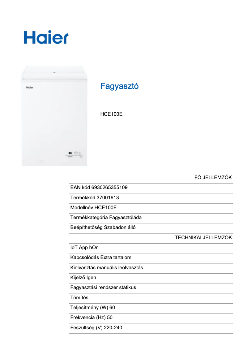 Page 1 de la notice Label énergétique Haier HCE100E