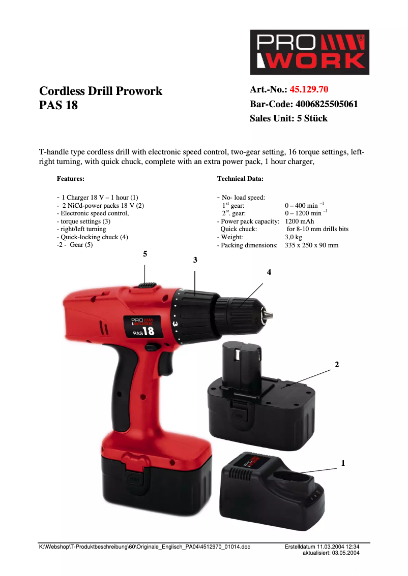Page 1 de la notice Fiche technique Prowork PAS 18