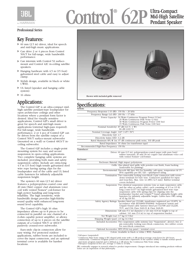 Page 1 de la notice Manuel utilisateur JBL Control 62P