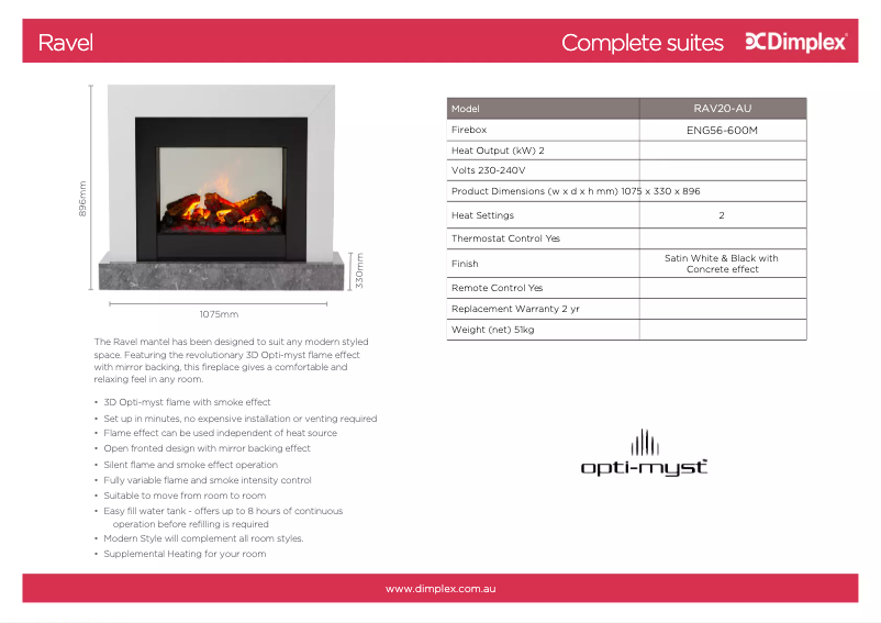 Page 1 de la notice Fiche technique Dimplex RAV20-AU
