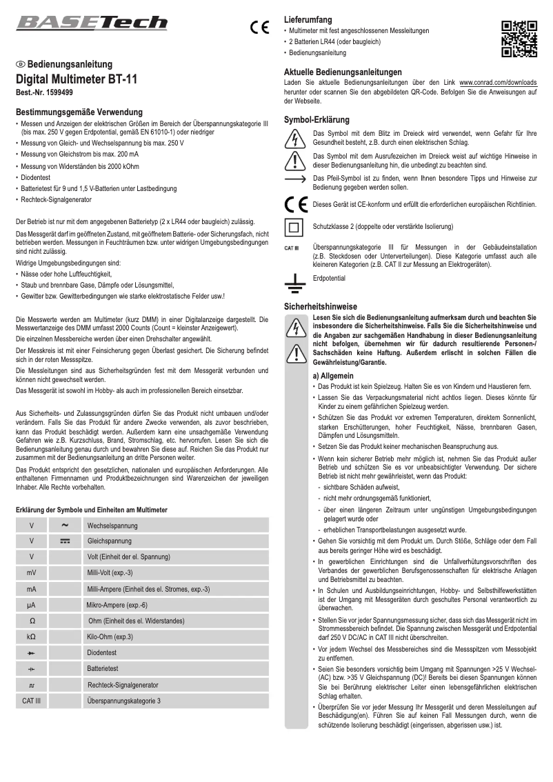 Page n°1 - Manuel utilisateur BaseTech BT-11