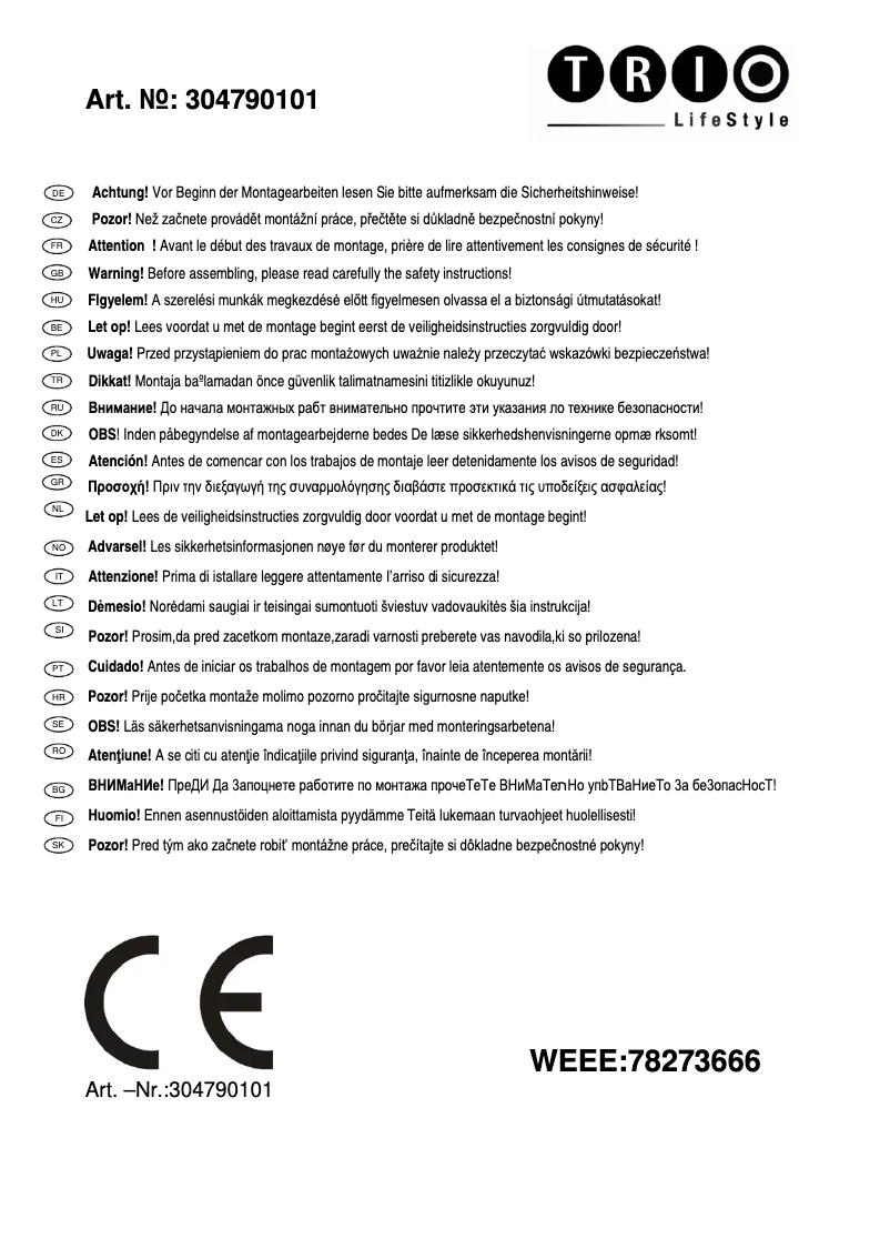 Page 1 de la notice Manuel utilisateur Trio Lighting Toulon 304790101