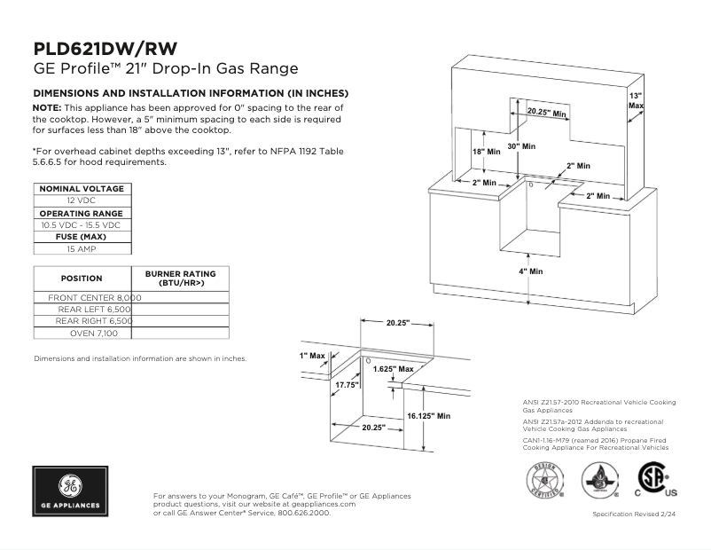 Page 1 of the manual Technical Sheet GE Profile PLD621DWBB