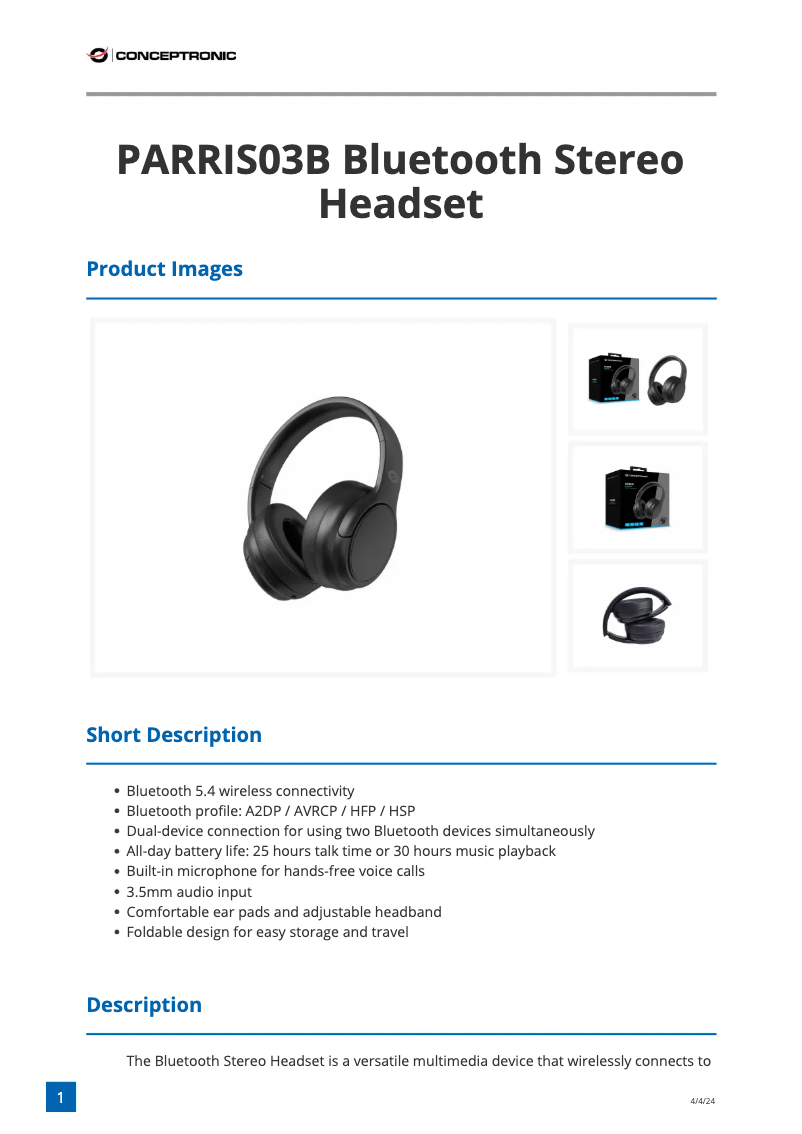Page n°1 - Fiche technique Conceptronic PARRIS03B