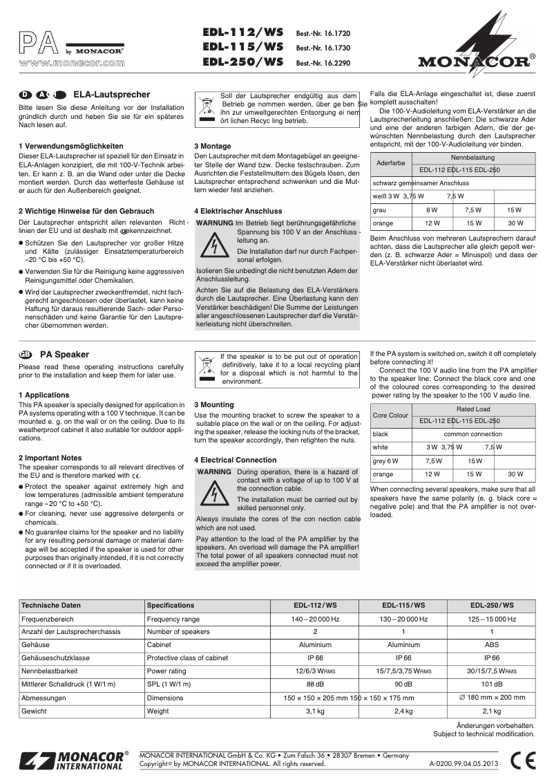 Page 1 de la notice Manuel utilisateur Monacor EDL250WS