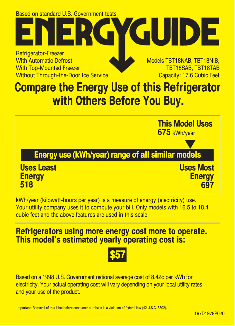 Page 1 de la notice Label énergétique GE TBT18NABAA