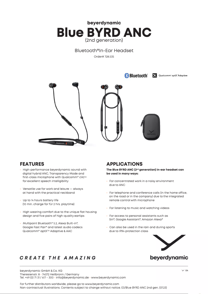 Page 1 de la notice Fiche technique Beyerdynamic Blue BYRD ANC