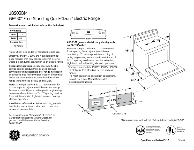 Page 1 de la notice Fiche technique GE JBS03BMCT