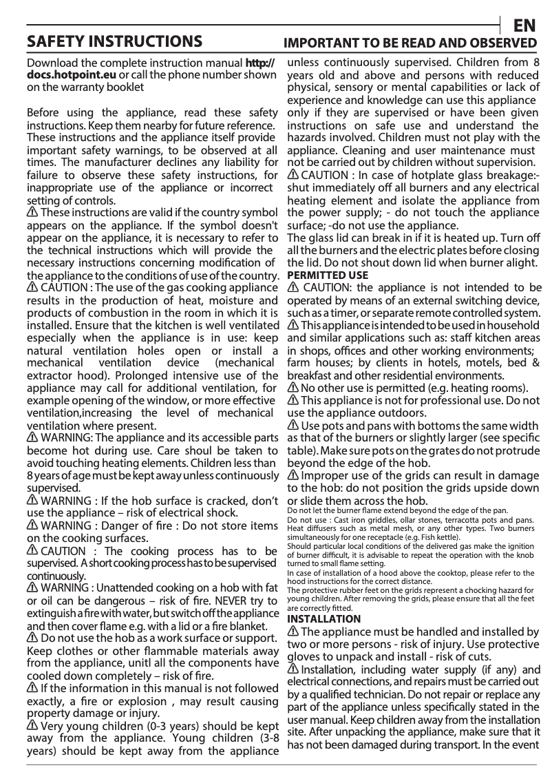 Page 1 de la notice Manuel utilisateur Hotpoint PCN 641 IX/H