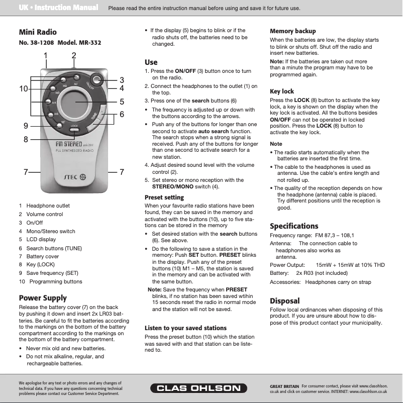 Page n°1 - Manuel utilisateur Clas Ohlson MR-332