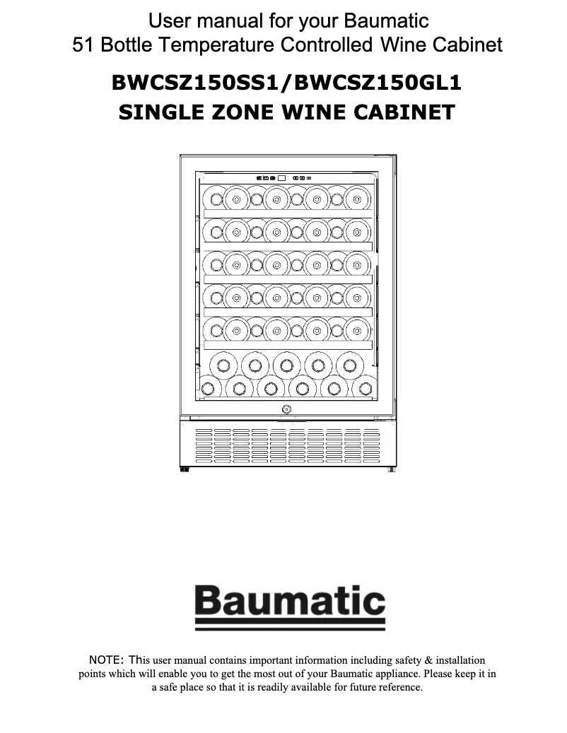 Page 1 de la notice Manuel utilisateur Baumatic BWCSZ150GL1
