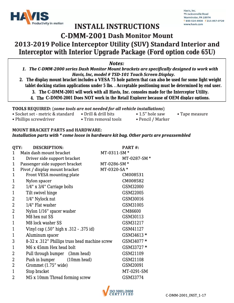 Page 1 de la notice Manuel utilisateur Havis C-DMM-2001
