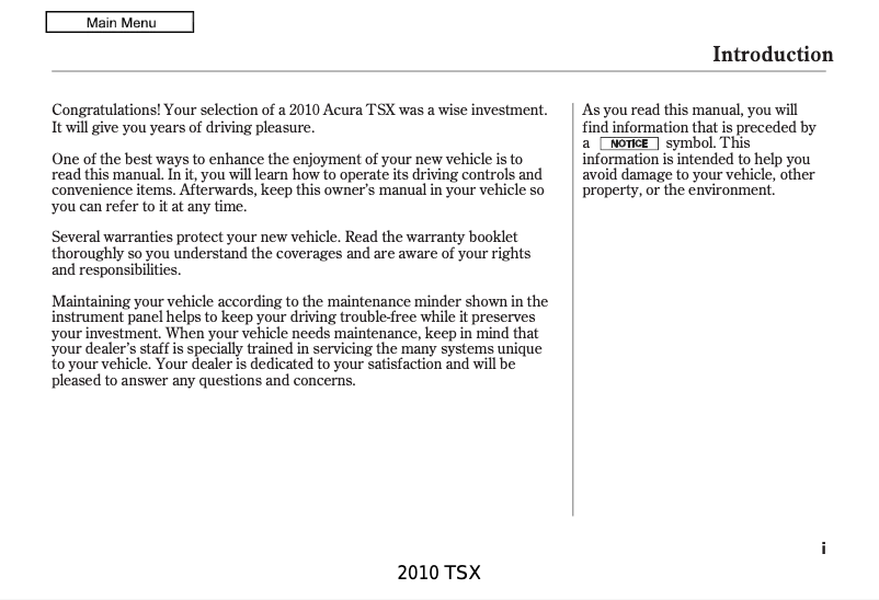 Page 1 de la notice Manuel utilisateur Acura TSX (2010)