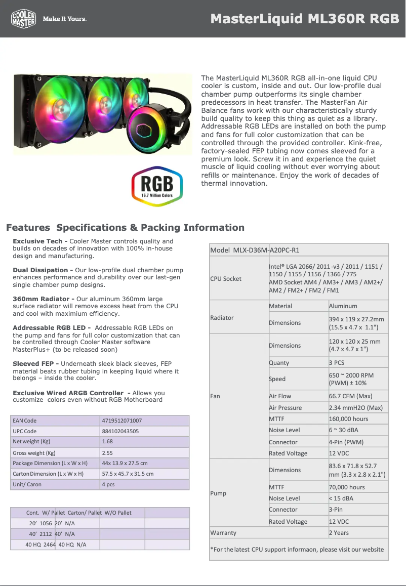 Image de la première page du manuel de l'appareil MasterLiquid ML360R RGB
