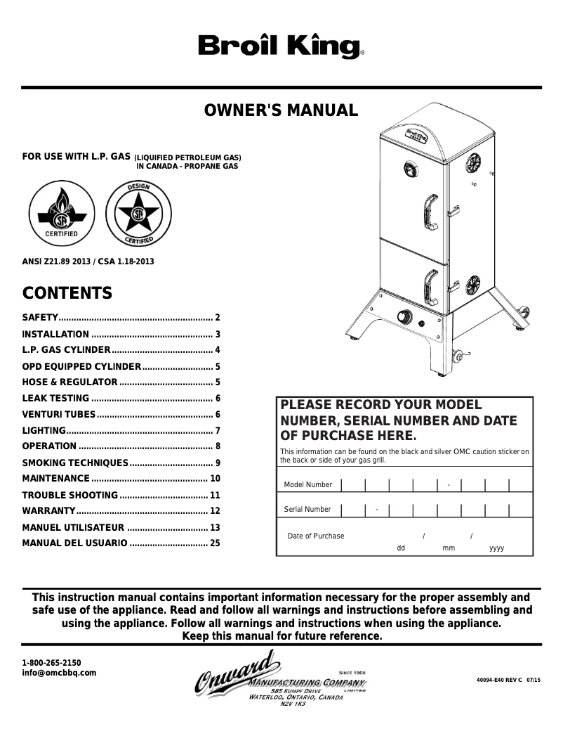 Page n°1 - Manuel utilisateur Broil King Smoke Vertical Propane Smoker