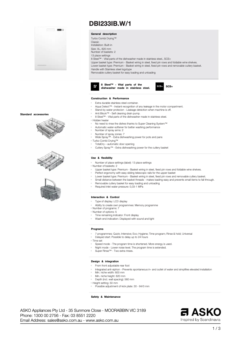 Page n°1 - Fiche technique Asko DBI233IBW1