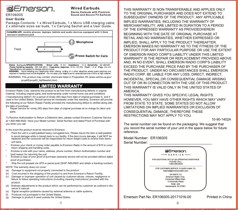 Page n°1 - Manuel utilisateur Emerson ER106005
