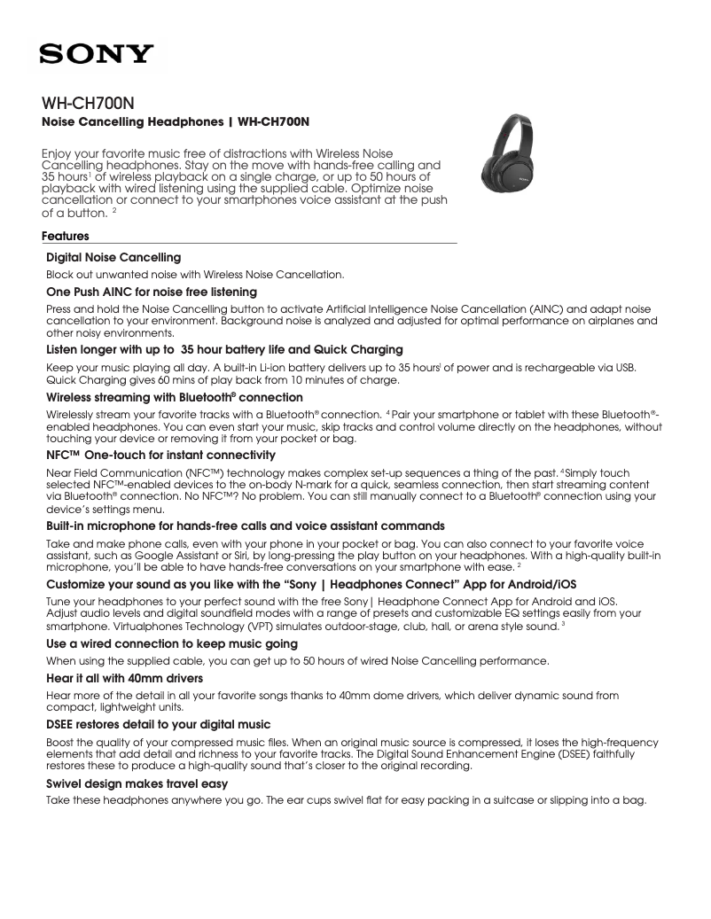 Page 1 de la notice Fiche technique Sony WH-CH700N