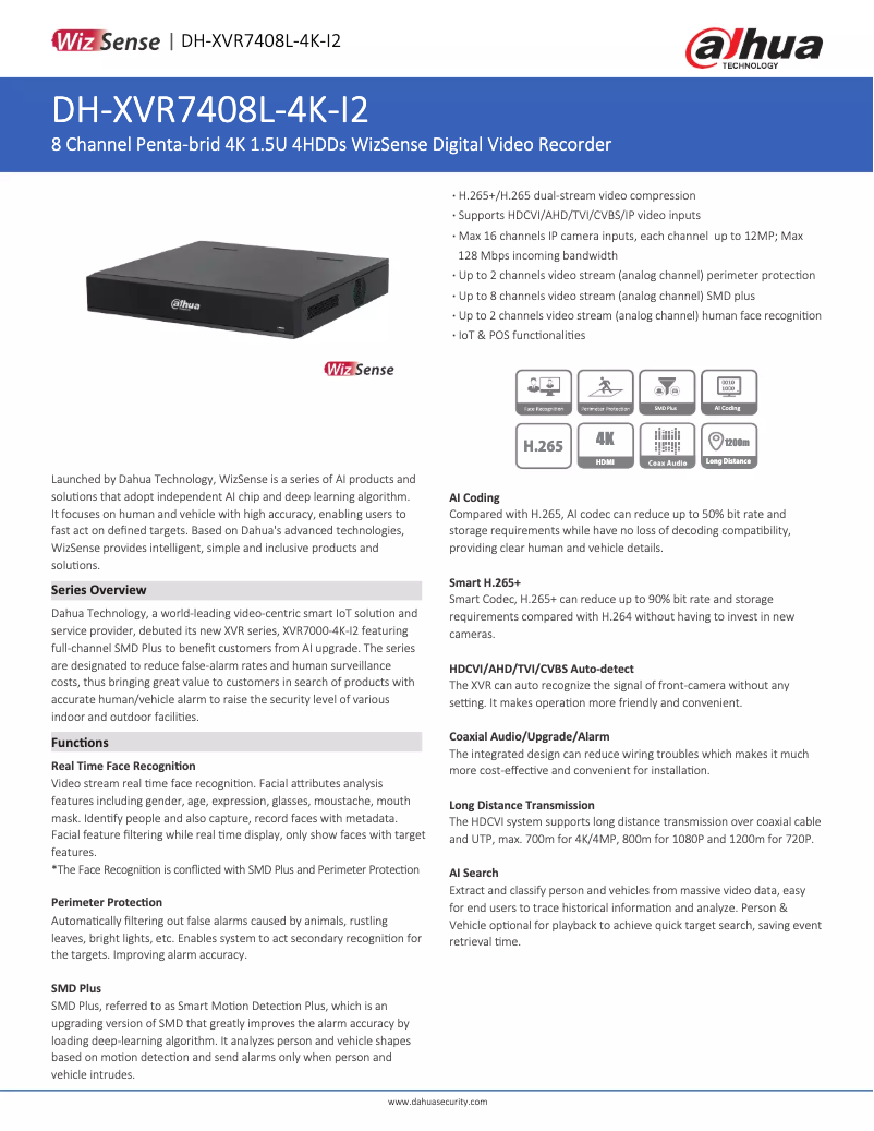 Page n°1 - Fiche technique Dahua Technology XVR7408L-4K-I2