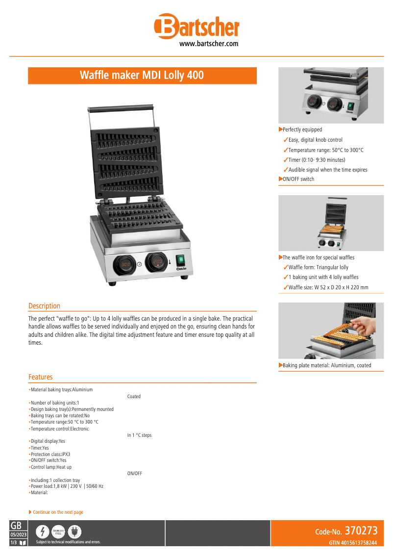 Page n°1 - Fiche technique Bartscher Lolly 400