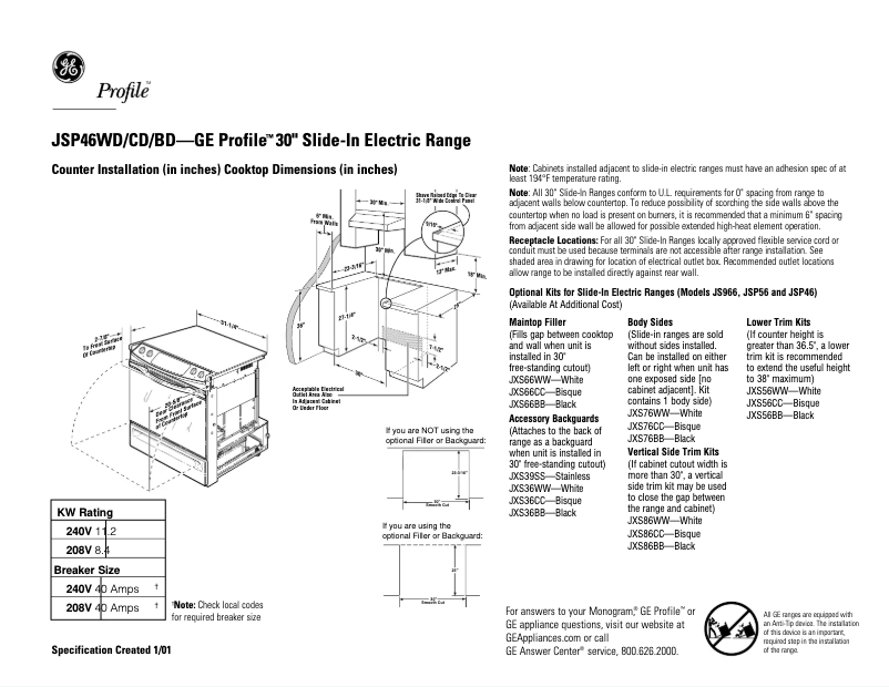 Page 1 of the manual Technical Sheet GE Profile JSP46CDCC