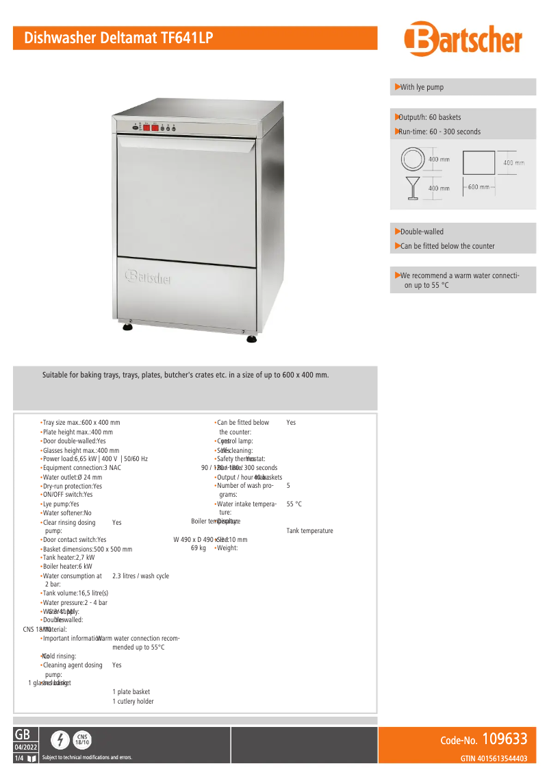 Page n°1 - Fiche technique Bartscher Deltamat TF 641 LP