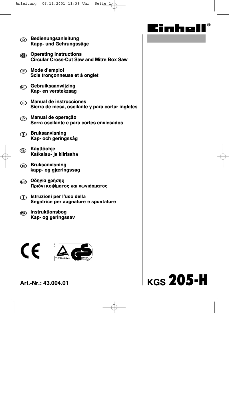 Page n°1 - Manuel utilisateur Einhell KGS 205-H
