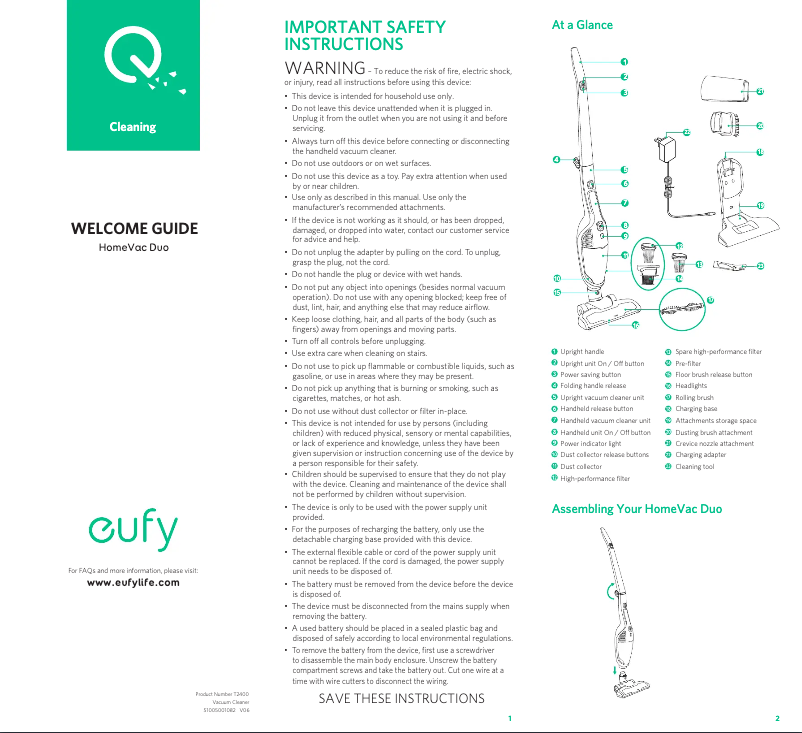 Image de la première page du manuel de l'appareil HomeVac Duo