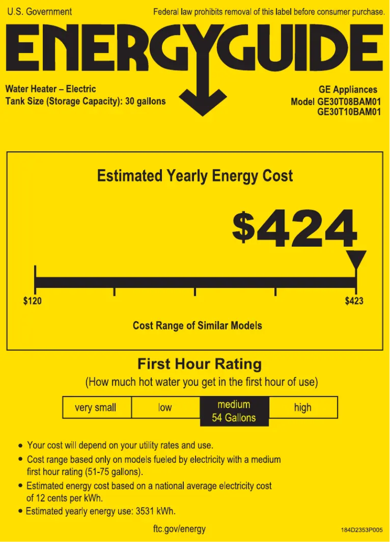 Page 1 de la notice Label énergétique GE GE30T08BAM