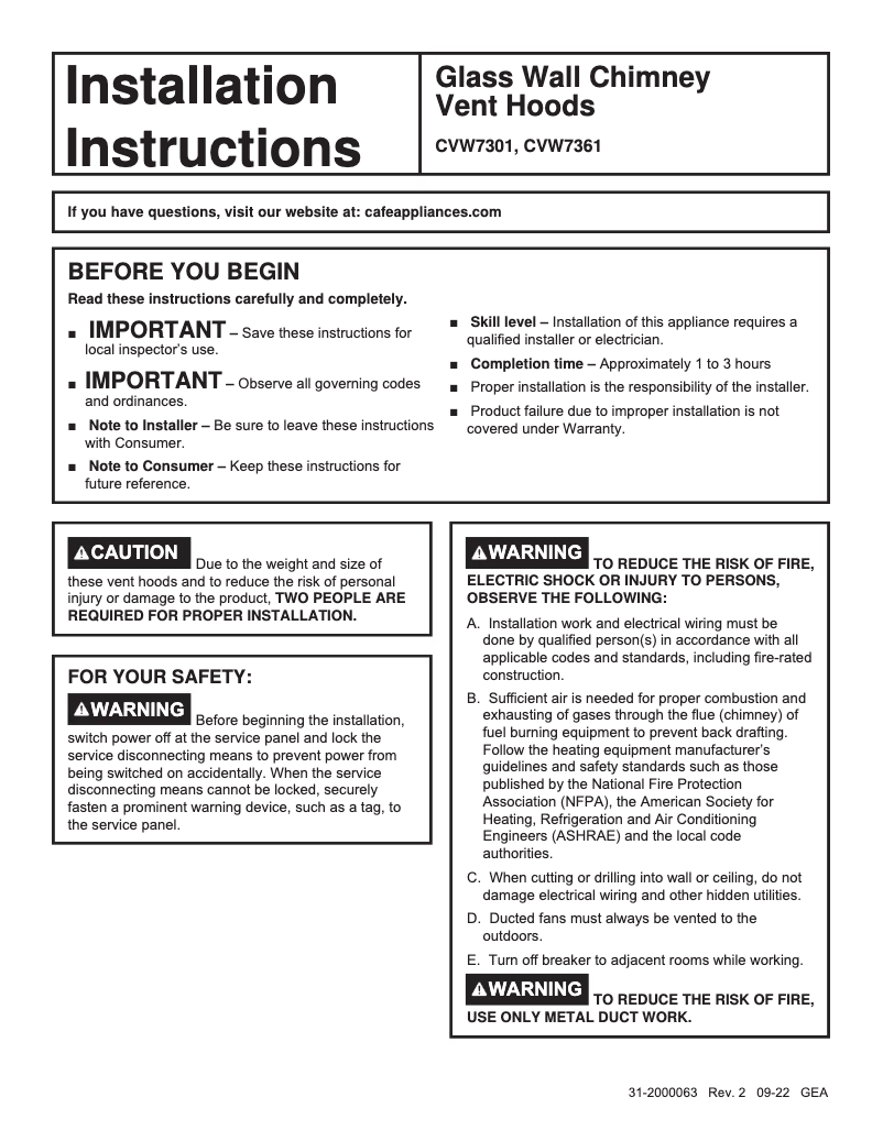 Page 1 de la notice Guide d'installation GE CVW73613MDS
