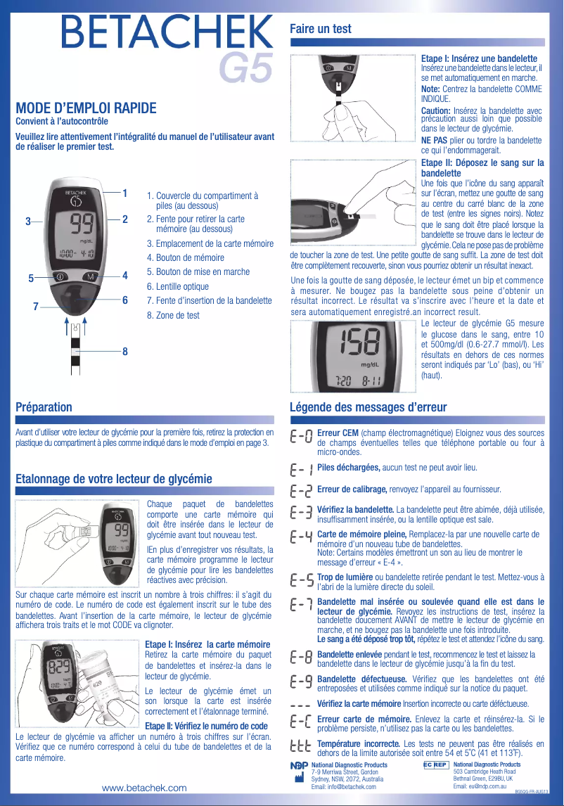 Page 1 de la notice Manuel utilisateur Betachek G5