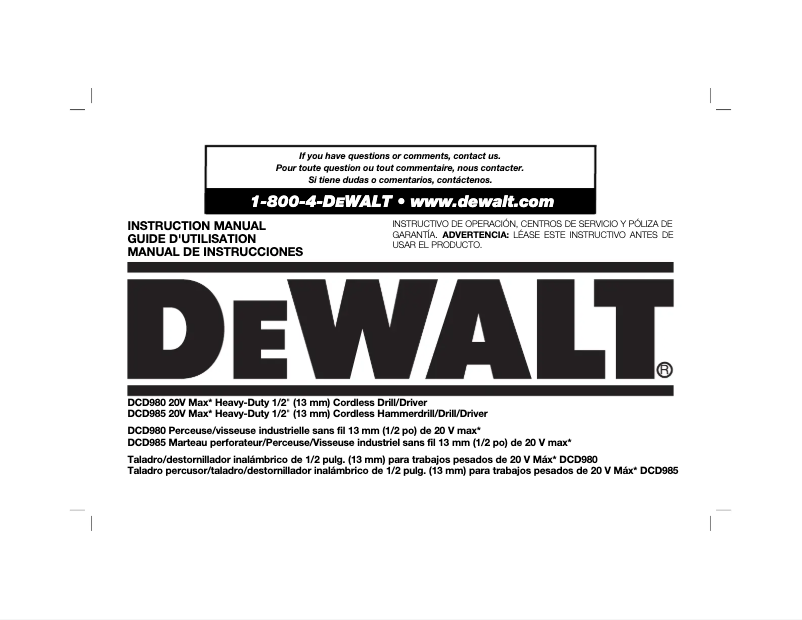 Page n°1 - Manuel d'utilisation et d'entretien DeWalt DCD985