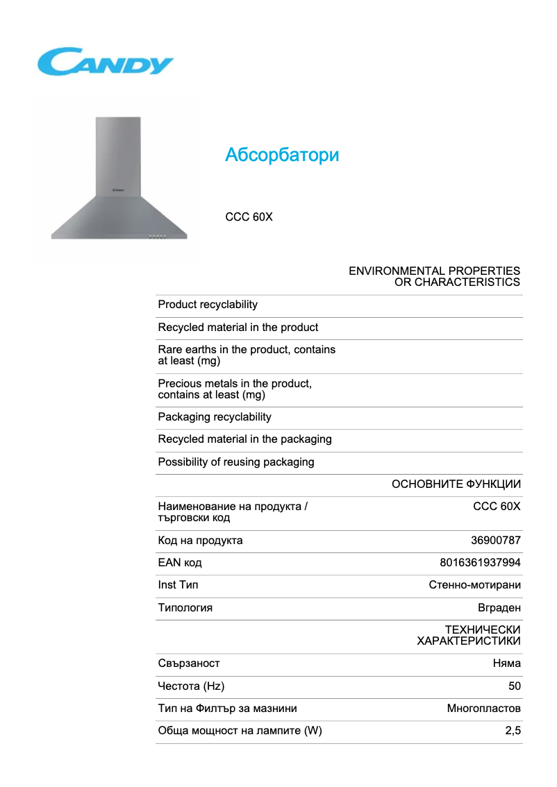 Page 1 de la notice Fiche technique Candy CCC 60X