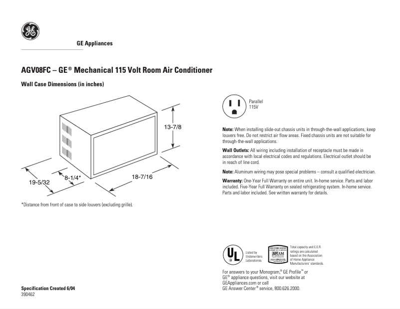 Página 1 del manual Ficha técnica GE AGV08FC