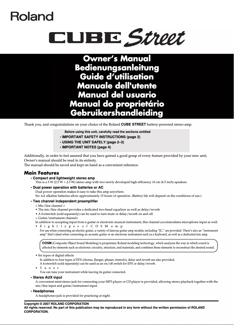 Page 1 de la notice Manuel utilisateur Roland Cube Street