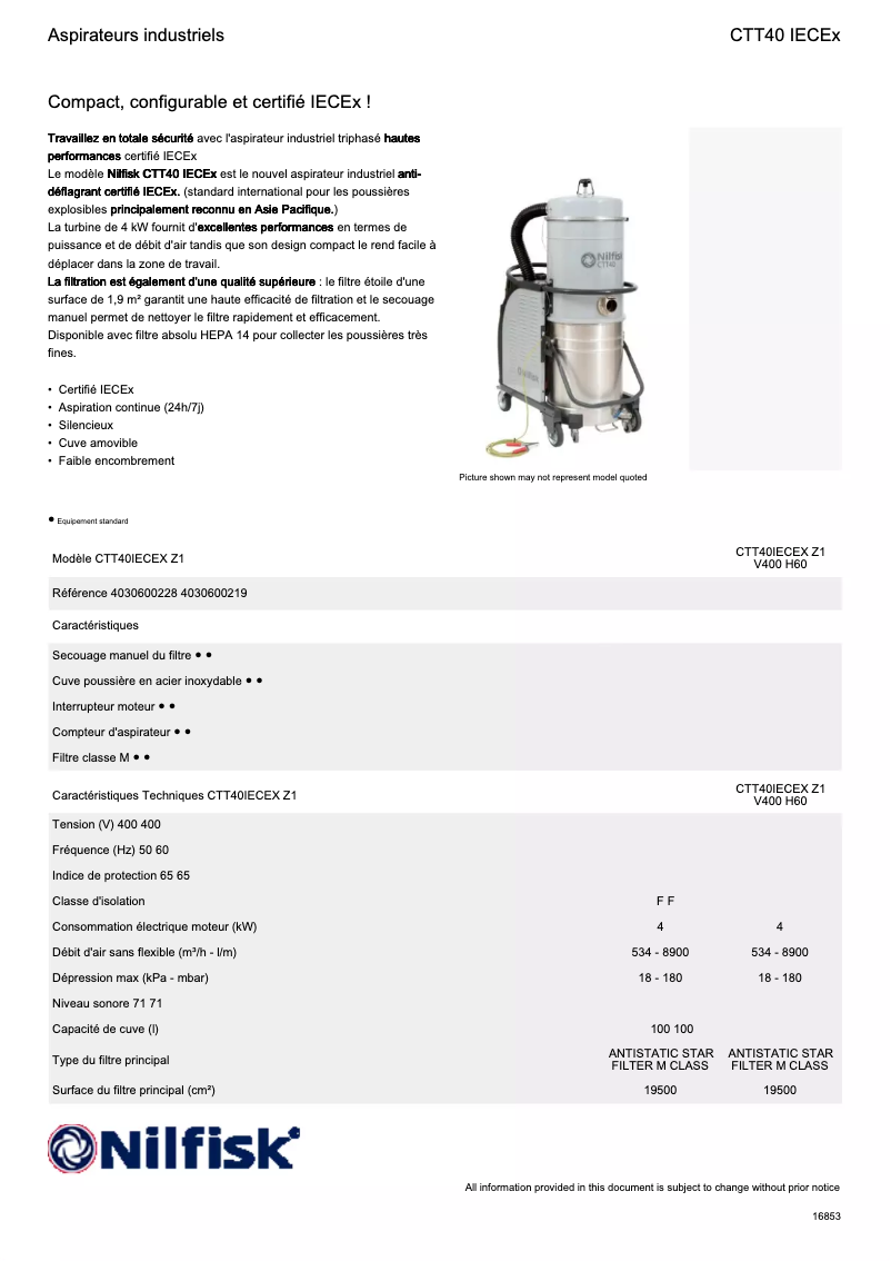 Page 1 de la notice Fiche technique Nilfisk CTT40