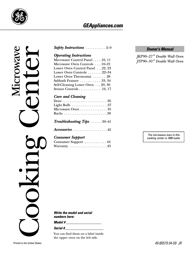 Page n°1 - Manuel d'utilisation et d'entretien GE JTP90CMCC