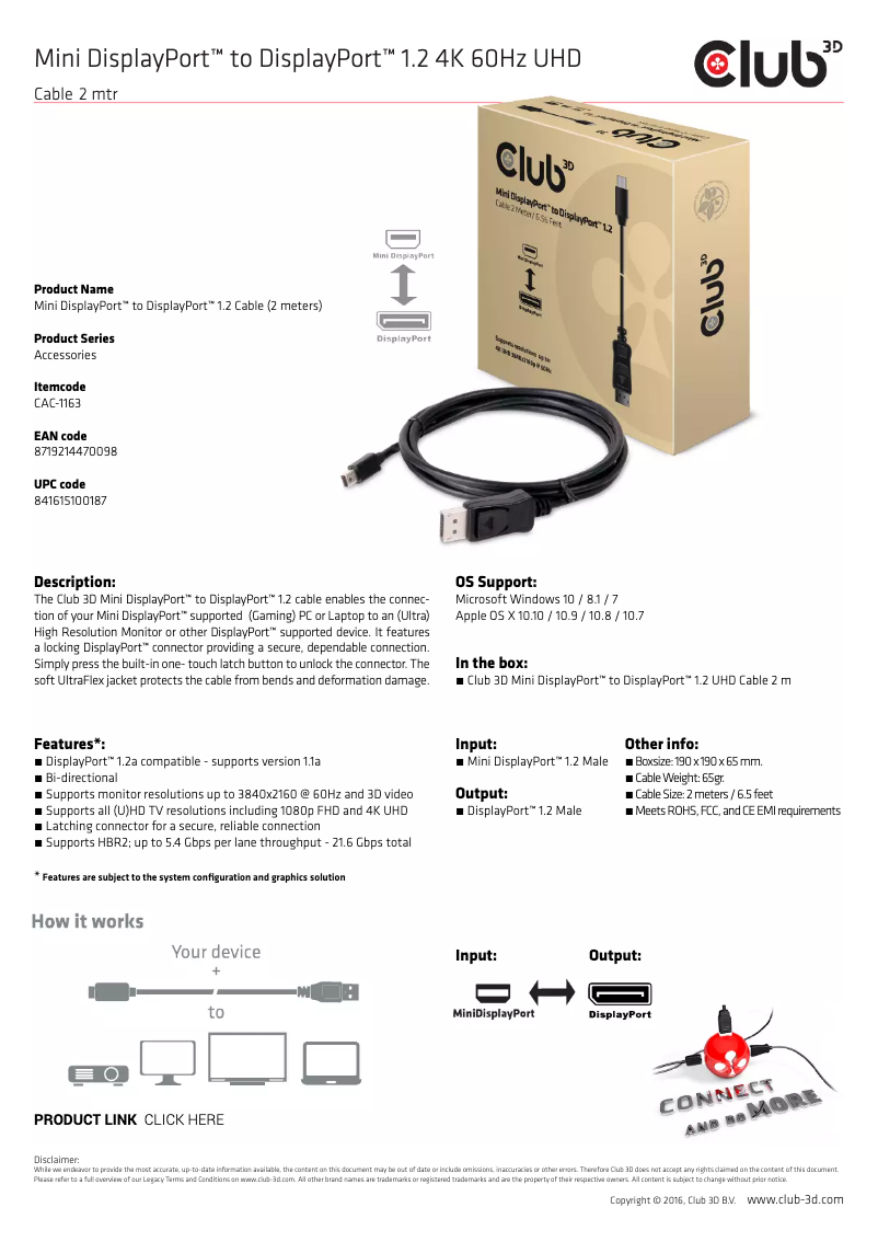 Page n°1 - Manuel utilisateur CLUB3D Mini DisplayPort to DisplayPort Cable 2m
