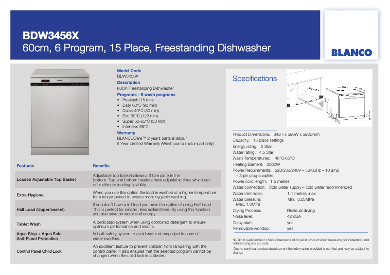 Page 1 de la notice Fiche technique BLANCO BDW3456X