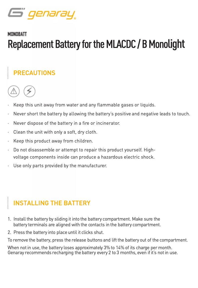 Page n°1 - Manuel utilisateur Genaray MONOBATT