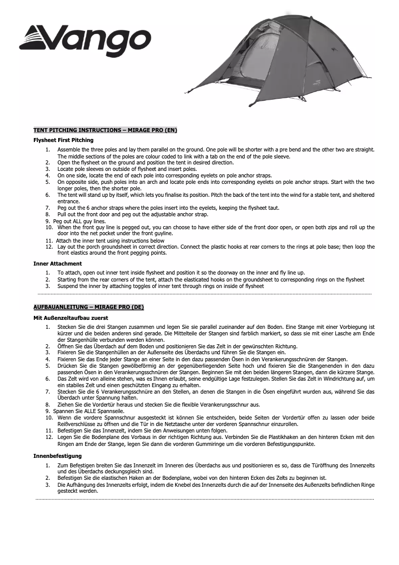 Page 1 de la notice Manuel utilisateur Vango Mirage Pro 200