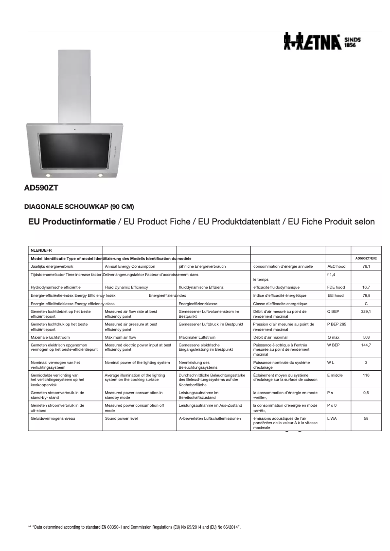 Page 1 de la notice Fiche technique Etna AD590ZT