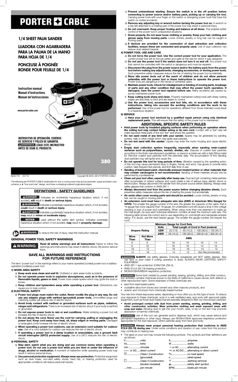 Page 1 de la notice Manuel utilisateur Porter-Cable 380