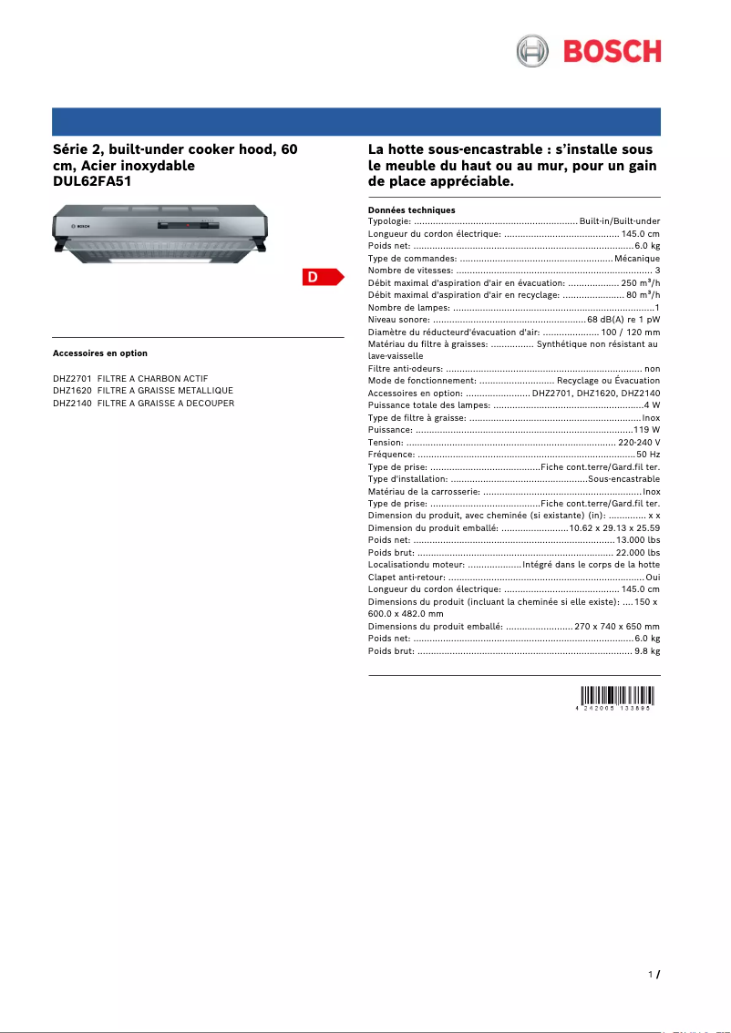 Page 1 de la notice Fiche technique Bosch DUL62FA51