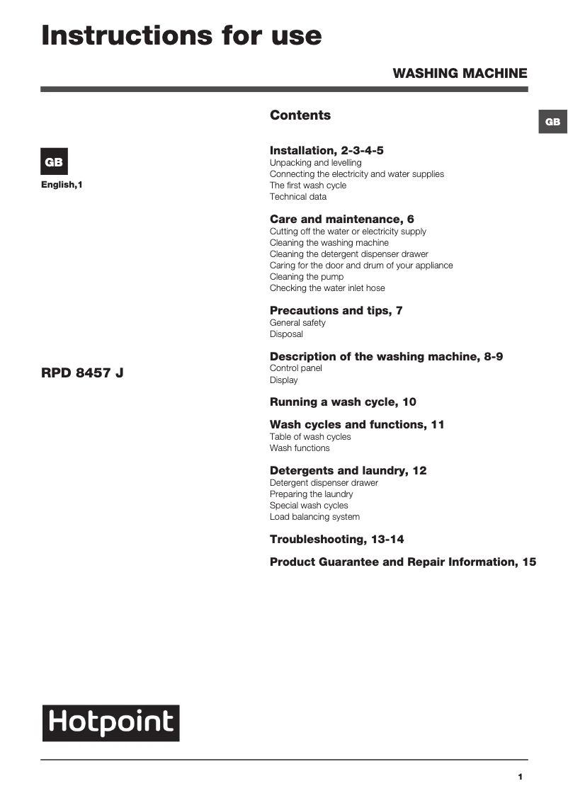 Page n°1 - Manuel utilisateur Hotpoint RPD 8457 J UK/1